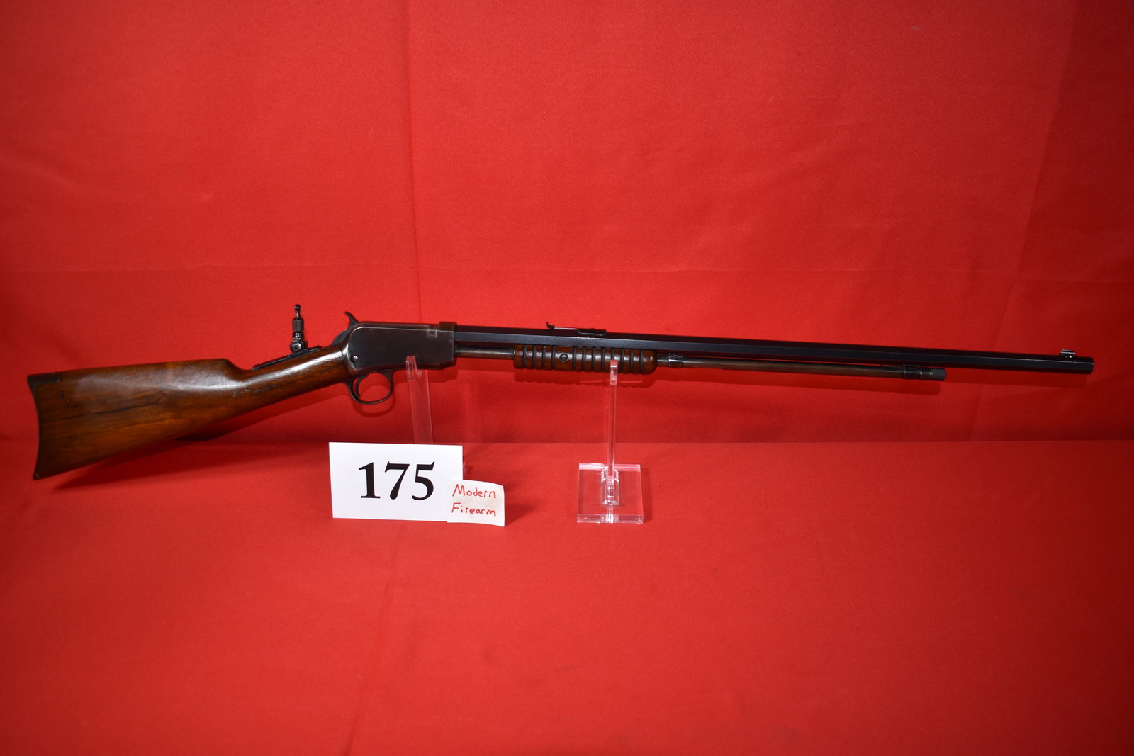 (X) Winchester Model 1890 .22 Short Slide Action Rifle: (X) Winchester Model 1890 .22 Short Slide Action Rifle, SN# 636945 mfg. 1919, 24” oct. bbl., Lyman Tang Sight, very good to excellent condition