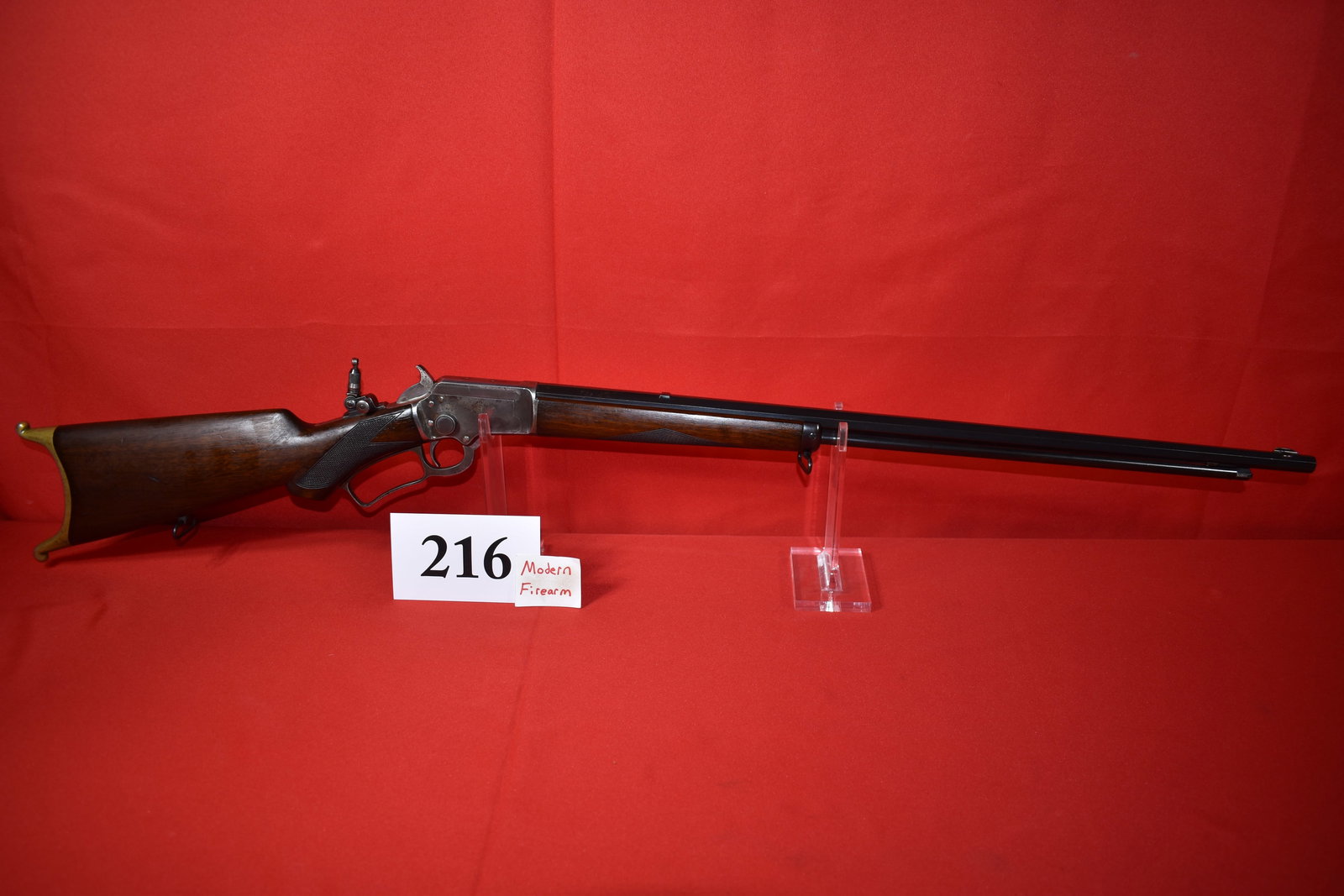 (X) Marlin Model 97 .22 Cal. Lever Action Rifle: (X) Marlin Model 97 .22 Cal. Lever Action Rifle, SN# A2910 mfg. 1912-1917, 26” oct. bbl. marked Special Smokeless steel, Deluxe checkered wood with schuetzen brass buttplate, tang sight, worn fi