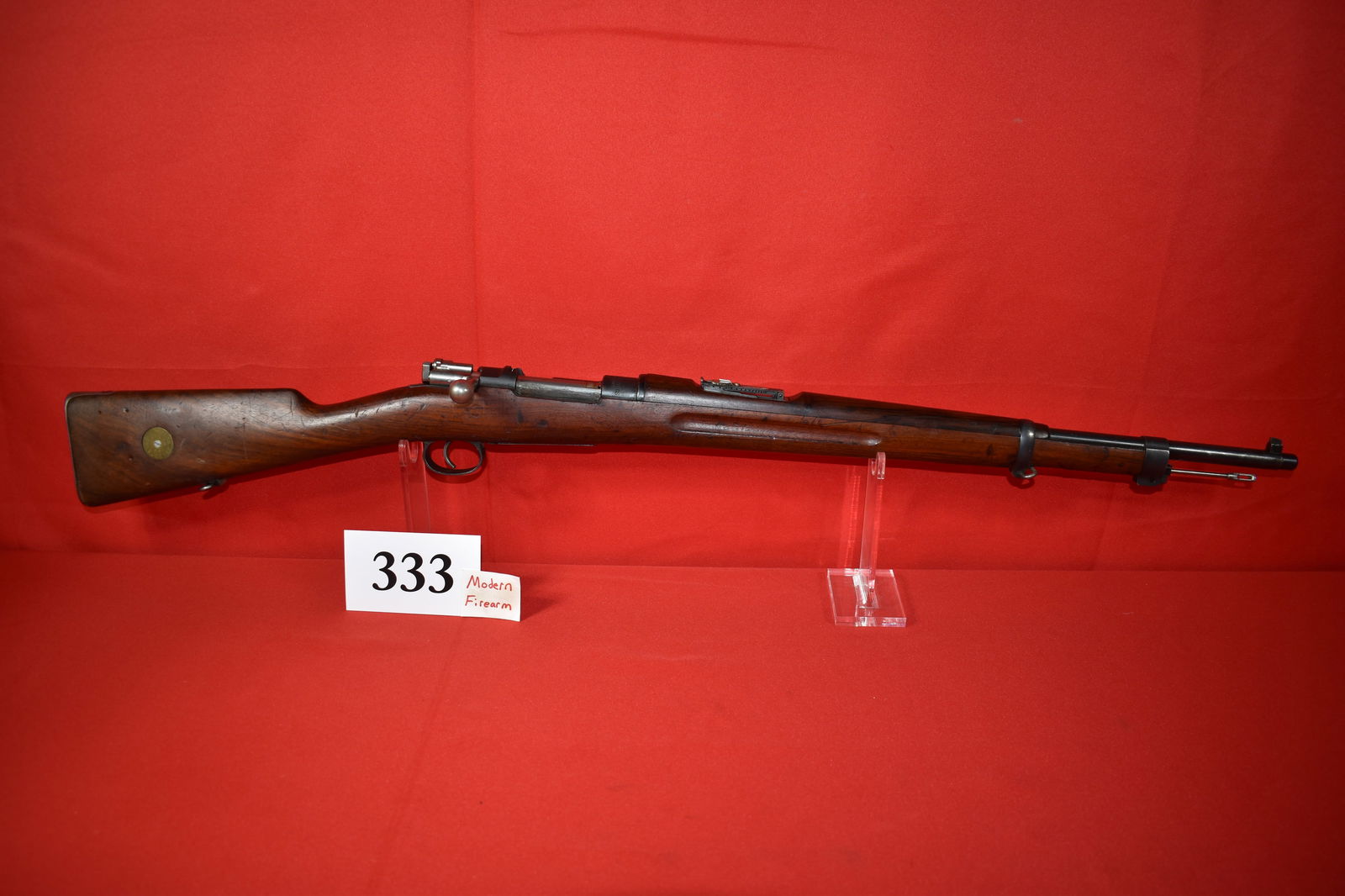(X) Swede Carl Gustafs M38 6.5 x 55 cal. Rifle: (X) Swede Carl Gustafs M38 6.5 x 55 cal. Rifle, SN# 311427 mfg. 1913, originally a M96 Converted to M38 with Vasteras Rear Sight, all matching, has unit disc and once had yardage plaque, threaded bbl.