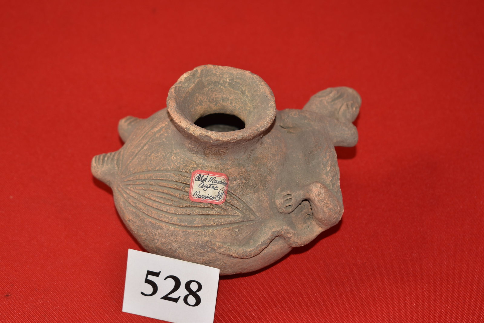 Pottery Vessel with lizard effigy : 6 ½” x 3 ½” Pottery Vessel with lizard effigy – zoomorphic incised all over Nice Mayan – Old Mexico