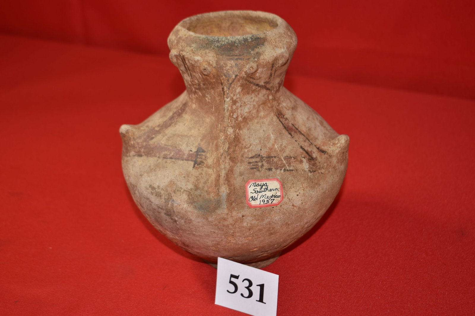 Pottery Vessel : 7 ¾” x 6 ¾” Pottery Vessel – zoomorphic human representation – Shamans Pot Painted & Formed Eyes, ears – very unique Mayan