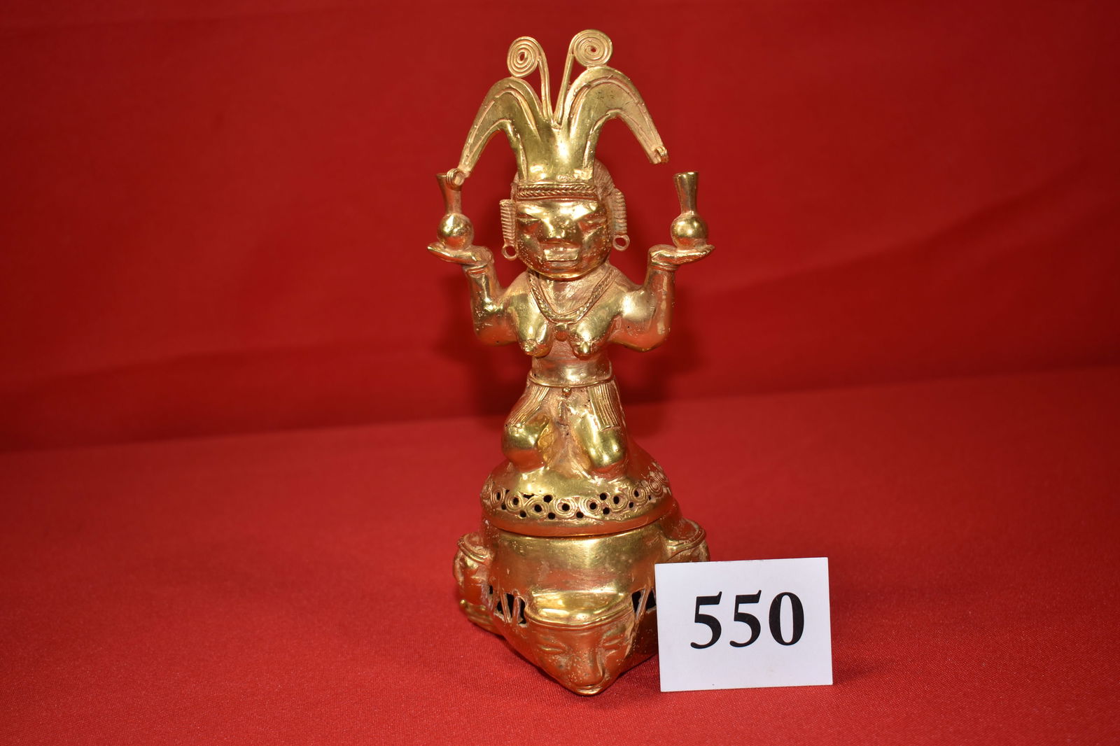 Mayan Gold Statue Figurine : 7 ¾” Mayan Gold Statue Figurine Shamon Holding Medicine Bottles Human & Snake Effigy Base