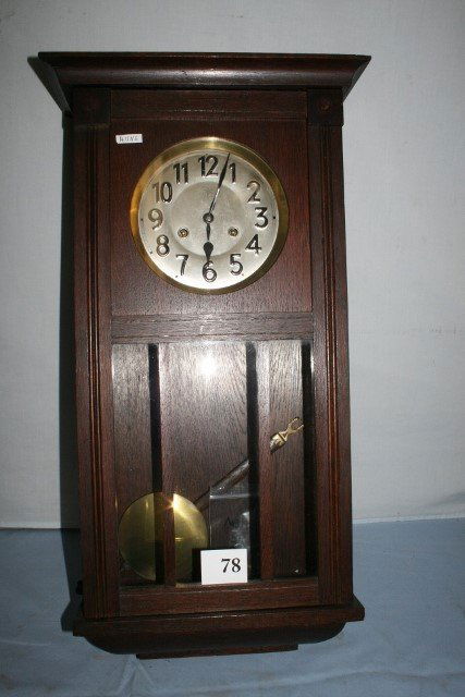 Junghans dark oak mission style wall clock - WILL NOT S: Junghans dark oak mission style wall clock ,27 in length,some damage on face,1/2 hr strike,key,pendulum WILL NOT SHIP