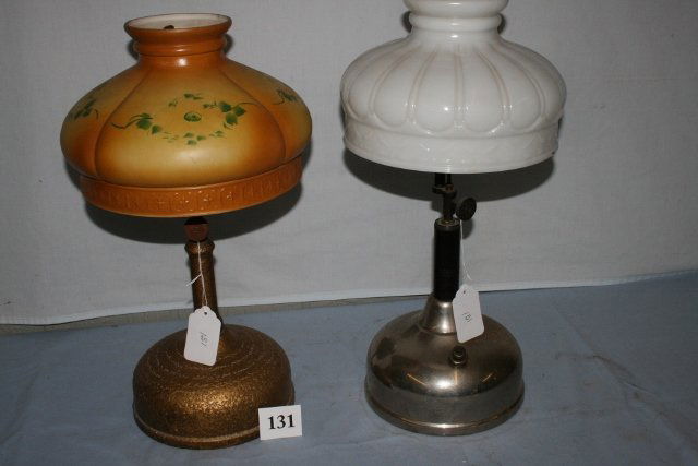 Two gas lamps, Diamond lamp - WILL NOT SHIP: Two gas lamps, Diamond lamp with nice gold krinkle patina and Coleman nickle plated base and milk glass shade.WILL NOT SHIP