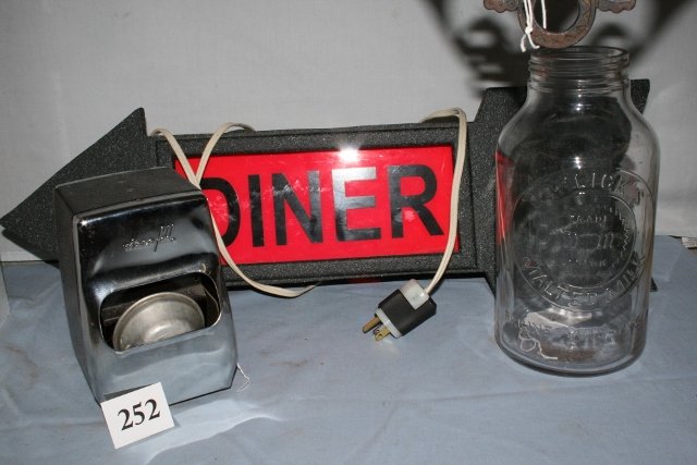 Soda fountain items: a. Horlick's malted mix jar: Soda fountain items: a. Horlick's malted mix jar ( no lid), b. Wisco napkin dispenser, c. Thompson's double malted mix measure, d sugar dispenser, f strawberry (/) box of old straws and wood ice cream