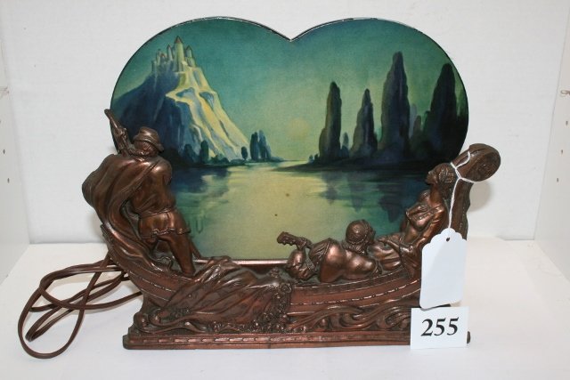 motion light, washed bronze figure : Exceptionally fine motion light, washed bronze figure of strolling gondola with three figures on a mountain lake. The waves on the lake are in motion, the lamp even has a period bulb, Mazda Bulb, new 