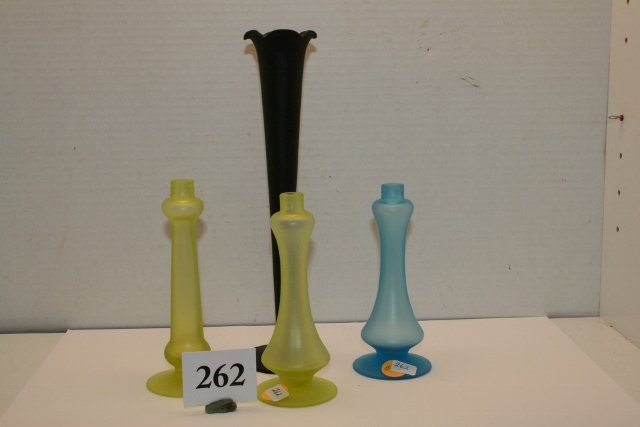 Four pieces TIFFIN glass: Four pieces TIFFIN glass: 3 satin perfume atomizers and a #9763 10" black satin bud vase