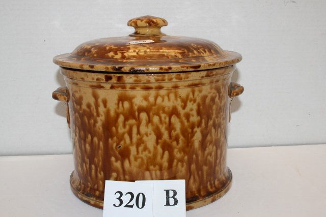 Bennington lidded pot with handles: Super Bennington lidded pot with handles. 8" dia. x 8 1/2"deep