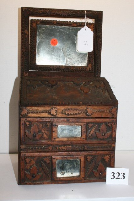 Tramp art childs/ doll lift top dresser: Tramp art childs/ doll lift top dresser,two drawers with mirrors, swivel mirror on top, applicades missing from lift top and drawers - note in drawer indicates it was made by W. J. Garfield 17" x 9" x