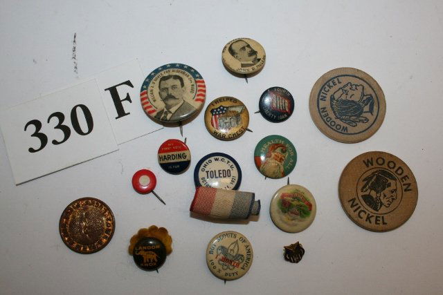 12 Pins, 2 Wooden Nickels : 12 Pins, 2 Wooden Nickels, D of A Pin - William, Boyle, London Knox. Boy Scouts, John Mclean for Gov., Harding