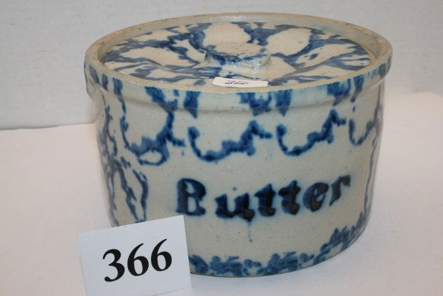 Spongeware butter container: Blue and white lidded Spongeware butter container , BUTTER in blue on the side. 6 1/2" dia., 3/1/2" deep