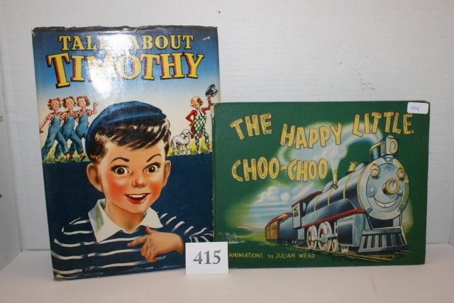 Two children's books: The Happy Choo-Choo: Two children's books: The Happy Choo-Choo, animated, Laura Harris, animation Julian Wehr, WM Penn Pub. CR 1944 writing on first page, wear on corners, Tales about Timothy Gertrude Blumenthal Whitman P