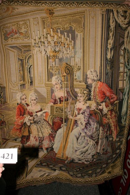 tapestry: Three fabric items: 38" x 50" tapestry, 60" x 79" lace table cloth, 75" x 58" lace table cloth