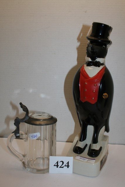Old Crow whiskey decanter: Old Crow whiskey decanter and beveled glass German stein