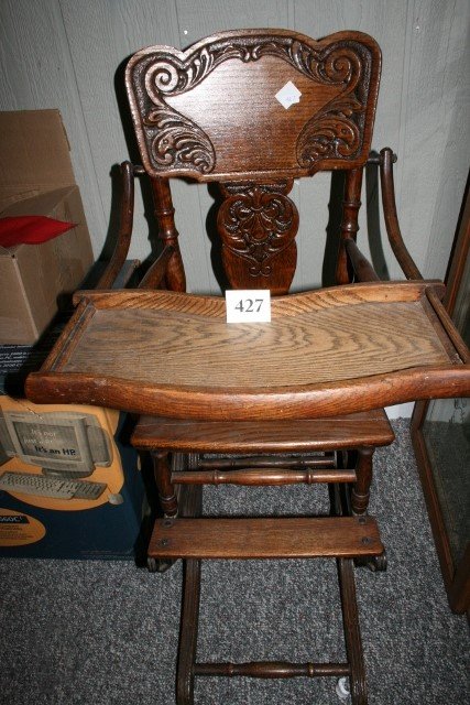 oak fold up high chair/stroller: Early oak fold up high chair/stroller, good condition