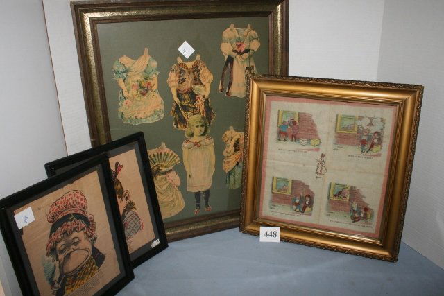2 comical valentine pictures: Four framed items: 2 comical valentine pictures, picture on fabric, picture of paper dolls