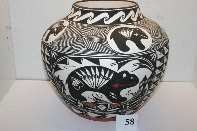 Acoma Olla: 12” x 11 ¼” Beautifully Decorated Acoma Olla – contemporary, signed Acoma, New Mexico – bear with heart line design – finely executed