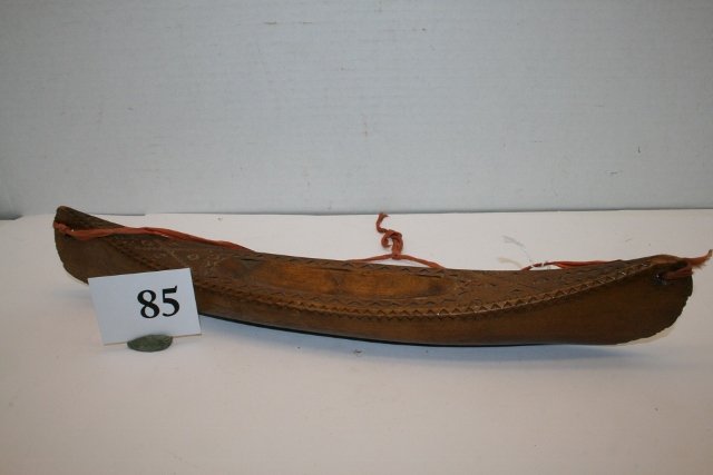 Mic Mac Model Canoe: 13 ¾” Mic Mac Model Canoe, chip carved designs, Circa 1900