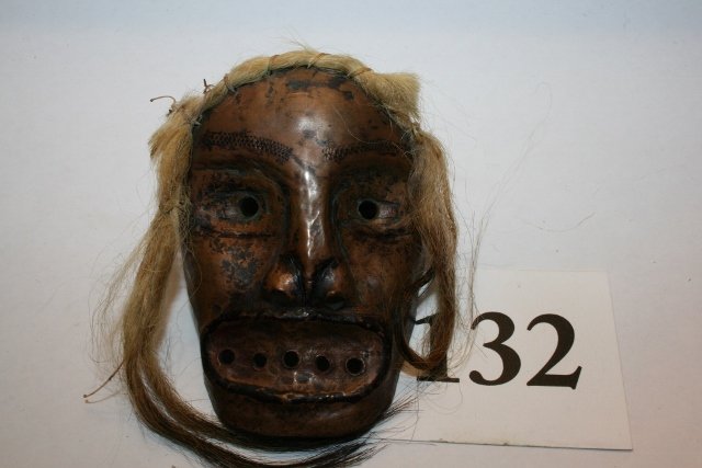 North West Coast Mask Pin: 2 ¾” x 2” North West Coast Mask Pin, Copper, Grotesque Face, Polar Bear Hair Attachment, fine old artifact