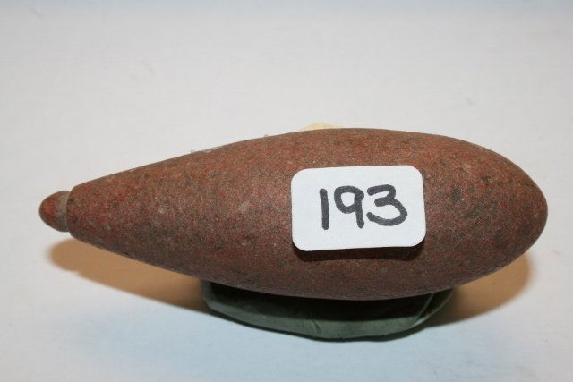 Grooved Top Hardstone Plummet: 3 ¼” Grooved Top Hardstone Plummet – Shelby Co. Indiana, Van Slooten Coll.