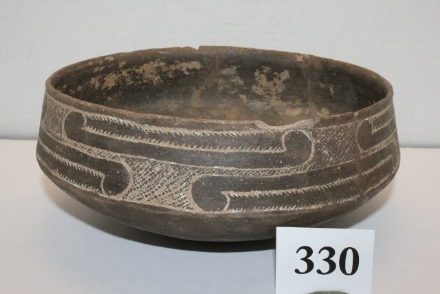 Caddo Incised Bowl: 9 ¼” x 4” Caddo Incised Bowl, some cracks with minor fill, a few rim chips, marked East Site, Clark Co. Ark. - from the Ted Trotta, Anna Bono Collection