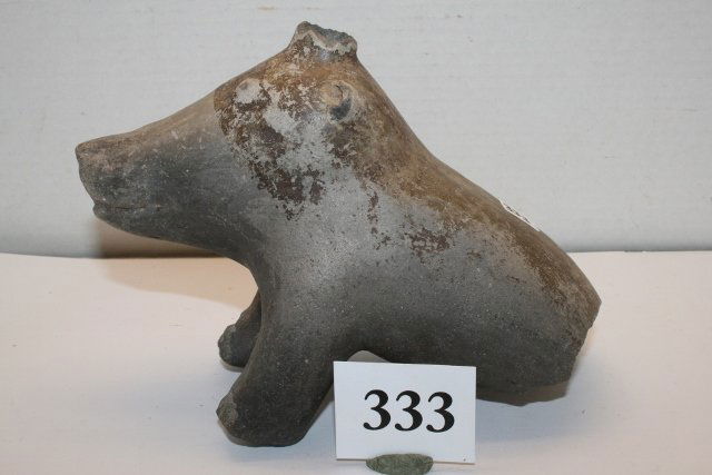 Bear Effigy Water Bottle: Rare 9” x 3 ½” x 6” Bear Effigy Water Bottle – Southwest U.S. Rear Legs missing, 1st we have ever had for sale! - from the Ted Trotta, Anna Bono Collection