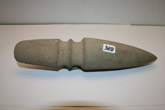 Sandstone Double Grooved Club Head: 9 ½” Sandstone Double Grooved Club Head with one pointed end and axe blade at other end - from the Ted Trotta, Anna Bono Collection
