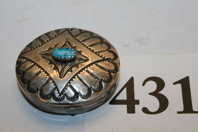1 ¼” x 3/8” Pill Box: 1 ¼” x 3/8” Pill Box, engraved with turquoise inset, unsigned