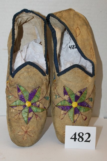 Pair Quilled Floral Design Moccasins: 9” Pair Quilled Floral Design Moccasins Sinew Sewn Ribbon – nice condition – 1880-90 – Santee, Sioux – Nice