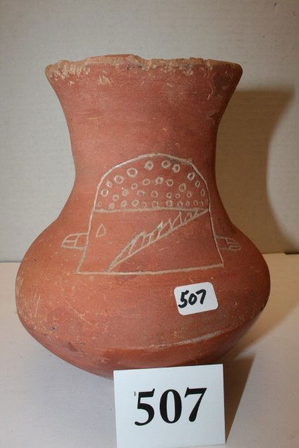 Redware Incised Vase Shape Pot: 6” x 6 ¾” Redware Incised Vase Shape Pot