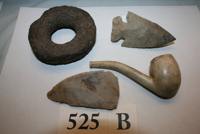 Stone Disc with groove: Group of 4 items from Ionia Co. Michigan consisting of 3 ¼” Stone Disc with groove around outside edge, possibly a discoidal, 4” clay settler pipe, 3 ¼” chert bevel point with restored tip and