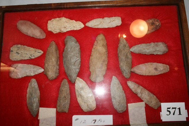 17 Chert Blades, Indiana : 18 x 12 Wood Frame with 17 Chert Blades, Indiana – largest 4 ½”