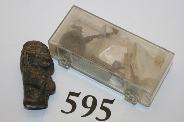 beads, button, from Battle Site : Small Container with beads, button, from Battle Site and an Ancient Pre Inca Human Male Effigy made of stone