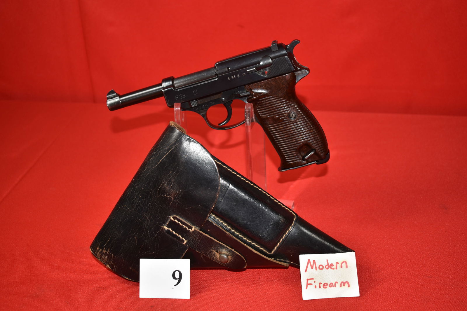 (X) Mauser P.38 9mm Pistol: (X) Mauser P.38 9mm Pistol, SN# 1516w, all matching, non-import, GI Bring Back, byf 44, 1944 German Nazi WWII mfg., with bla 1944 P38 Leather Holster with Solieis info written on inside of flap, 97% -