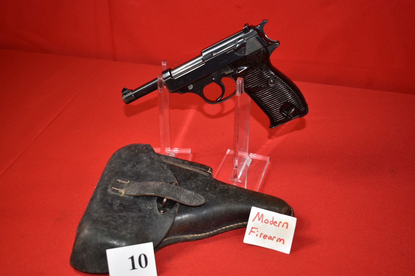(X) Walther P.38 9mm Pistol: (X) Walther P.38 9mm Pistol, SN# 7914, all matching, Non-Import, GI Bring Back, Early 1944, ac 44, German Nazi WWII mfg., with leather holster, 90% excellent condition