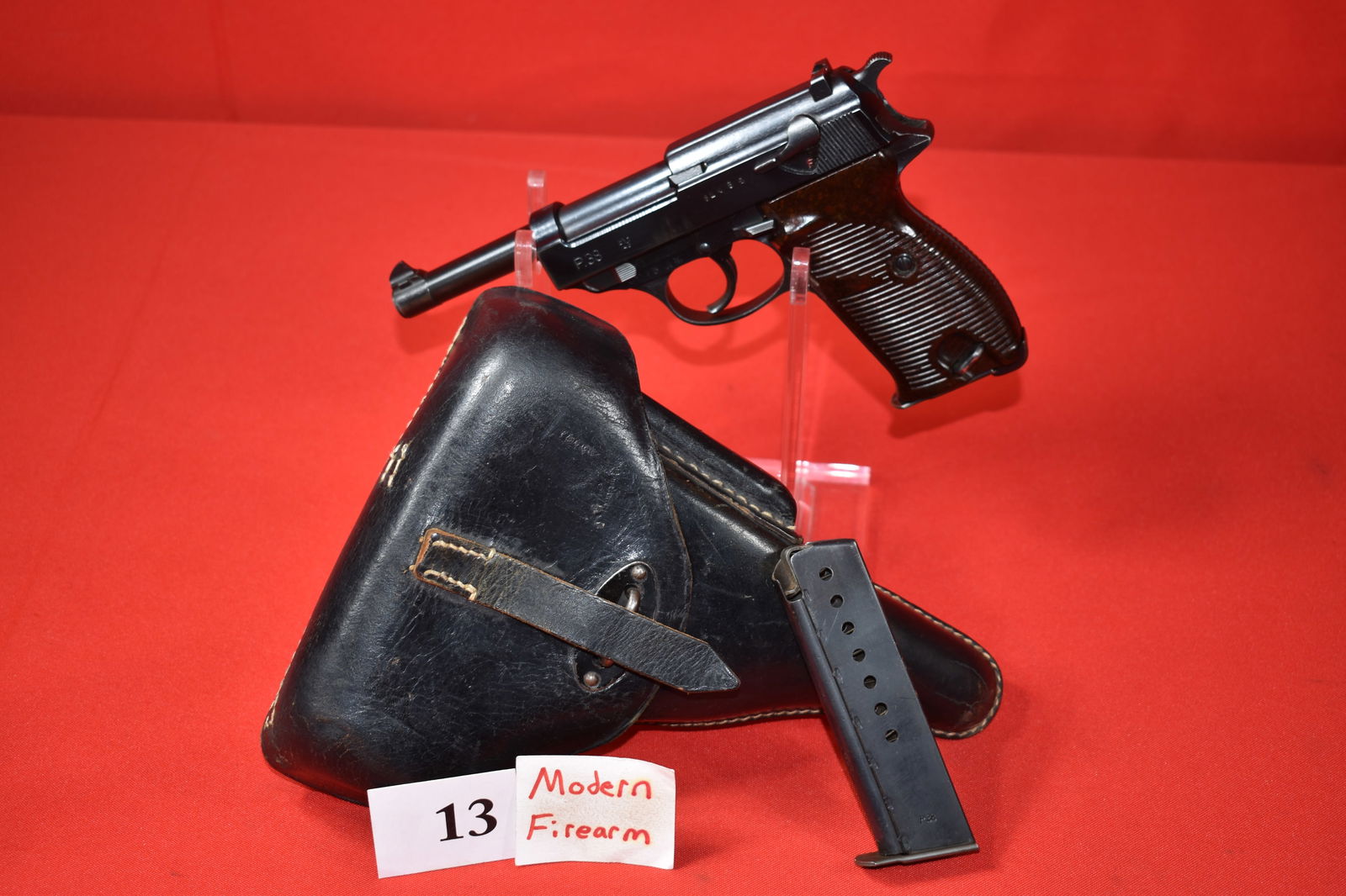 (X) Mauser P.38 9mm Pistol: (X) Mauser P.38 9mm Pistol, SN#6245K, all matching, Non-Import, GI Bring Back, Two Mags., with bdr 43 P38 Leather Holster, “Wagone Soldier” name on holsters back side, 95% excellent condit