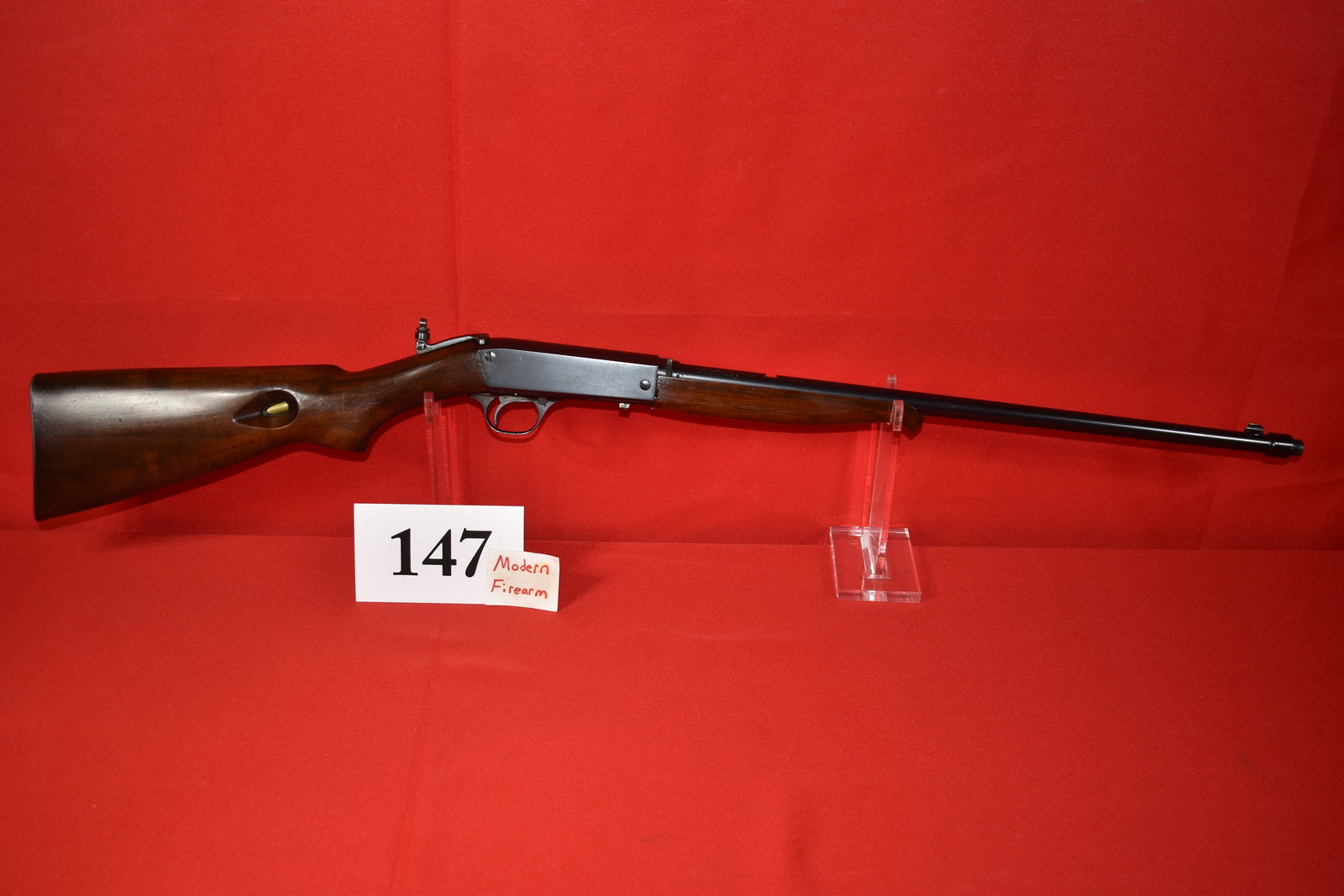 (X) Remington Model 24 .22 Short Smokeless Semi-Auto Rifle: (X) Remington Model 24 .22 Short Smokeless Semi-Auto Rifle, 20” bbl., with thread adopter for attaching silencer, SN# 10183, Lyman Tang Sight, very good condition to excellent condition