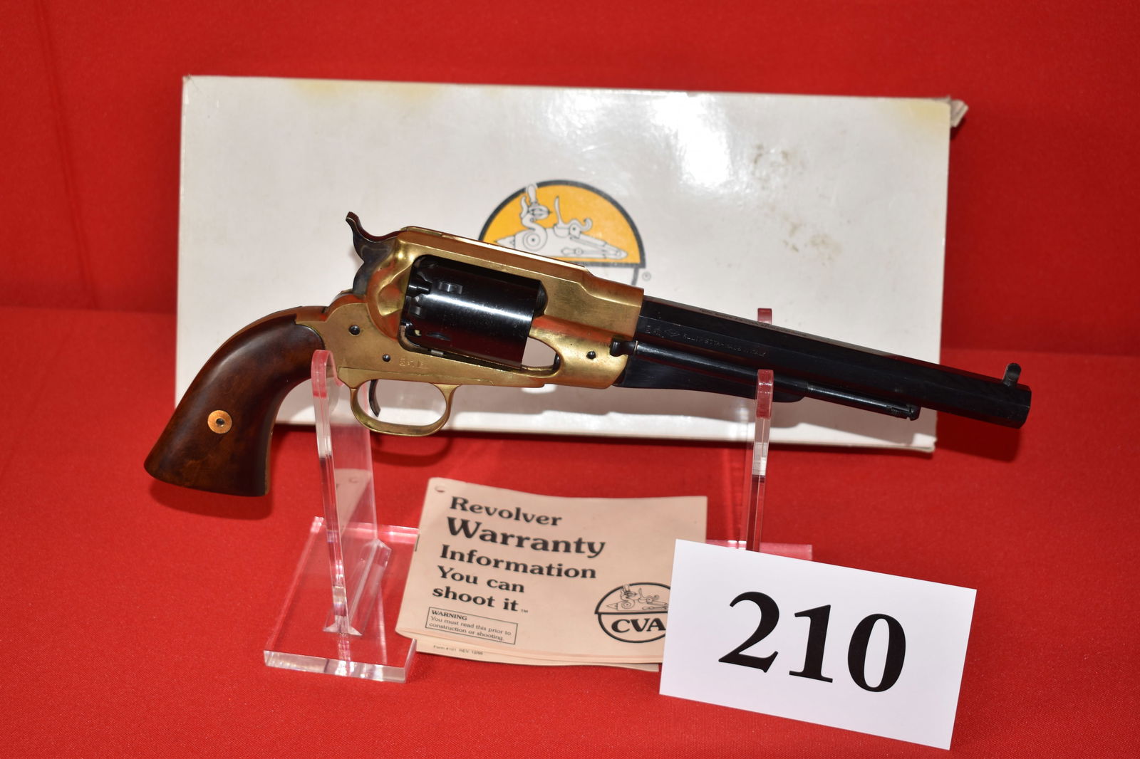 CVA 1858 Texas .44 Cal. Percussion Revolver: CVA 1858 Texas .44 Cal. Percussion Revolver, SN# 218618, 8” bbl., new in box, brass has some tarnish from age and storage