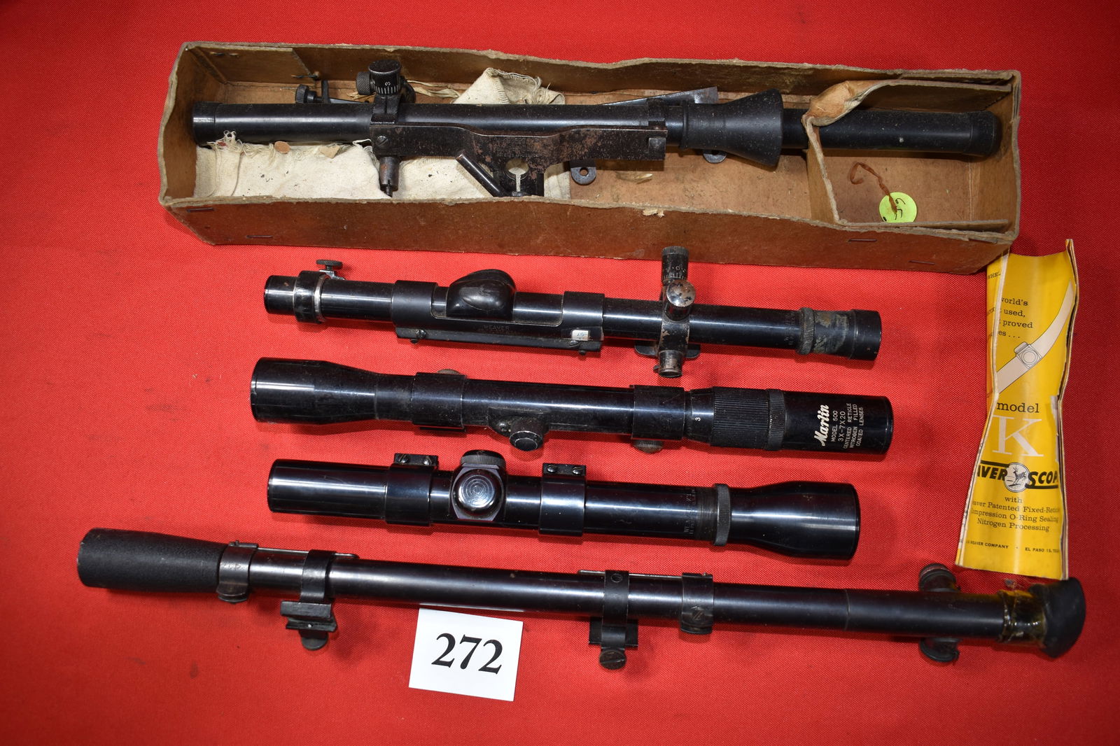 (5) Rifle Telescopes, Marlin Model 500: (5) Vintage Rifle Telescopes, Marlin Model 500 3 x 7 x 20, Mossberg No. M4, No. 6, Weaver B4, K3 60-B