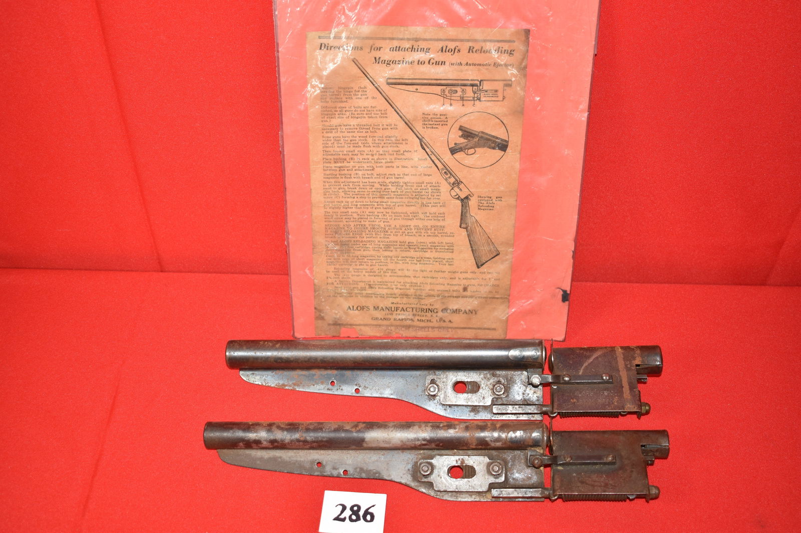 (2) Alofs Reloading Magazines: (2) Alofs Reloading Magazines for single shot shotgun, 12 ga. and 20 ga., with original .410 paper print – directions, circa 1920’s