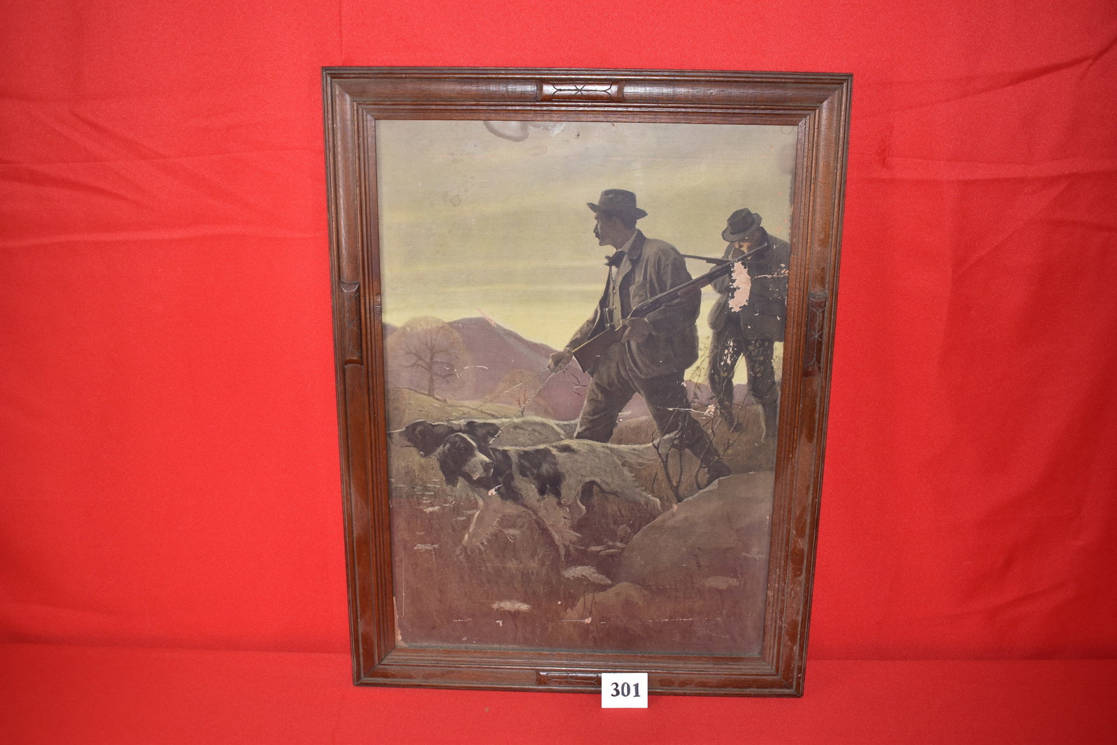 Winchester 1910 Cardboard Lithograph Print: Winchester 1910 Cardboard Lithograph Print, Two Men Hunting with dogs, 20” x 27” frame