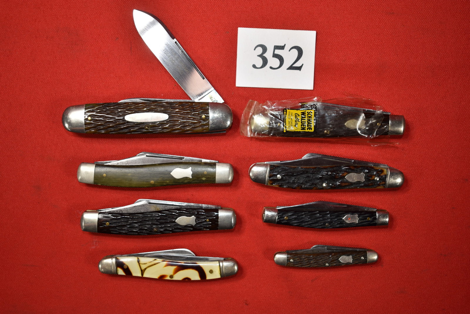 (9) Schrade Walden U.S.A. Pocket Knives: (9) Schrade Walden U.S.A. Pocket Knives, #884, #297, #881, #880, new in plastic, #896K, #830 Kon-Kav