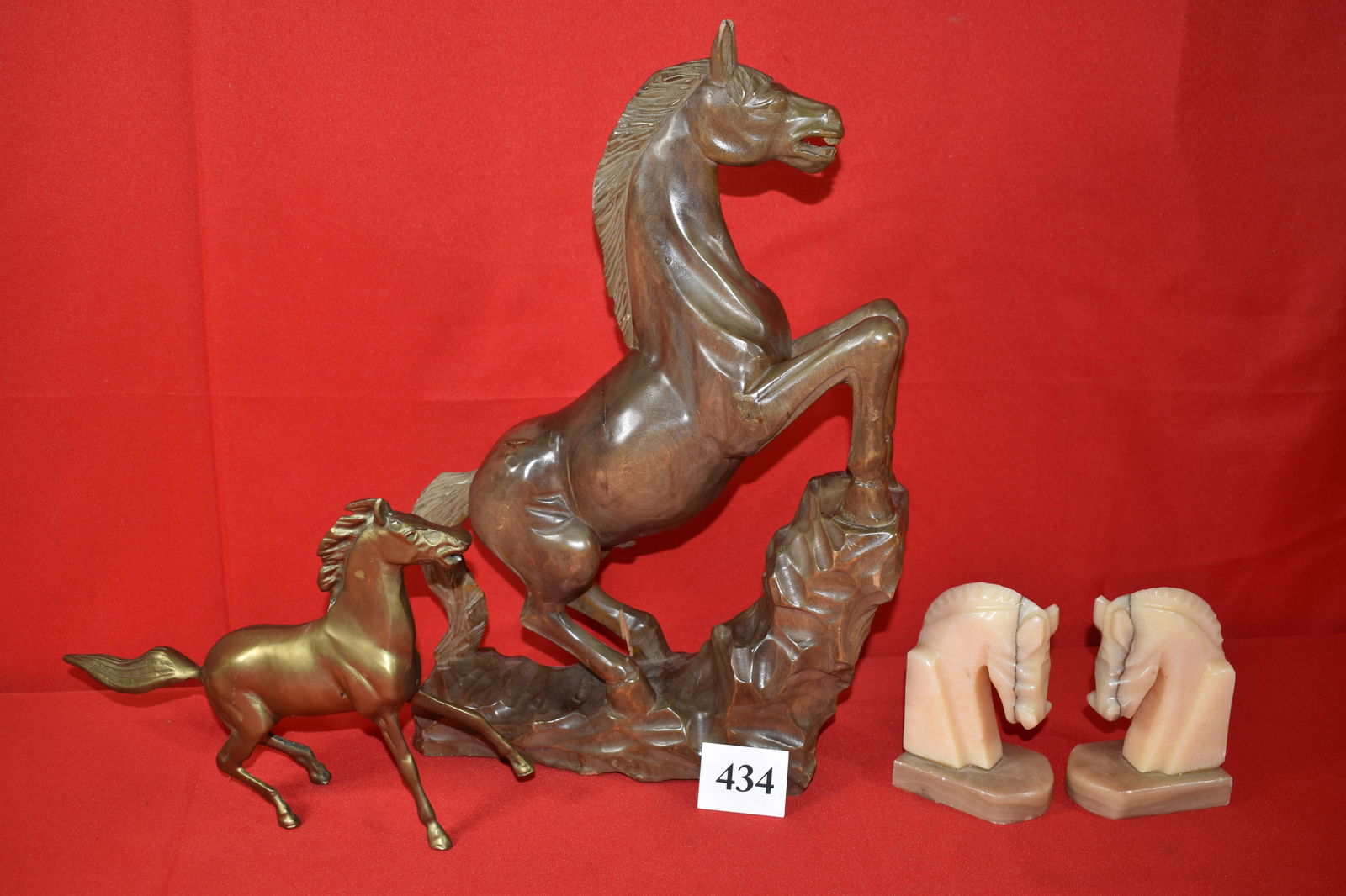 Equine Lot from Korean War Vet, Brass Horse: Equine Lot from Korean War Vet, Brass Horse, Marble Book Ends, 17 ½” tall wood carved horse, 1972 Collection from estate of Colonel Steve Swartz