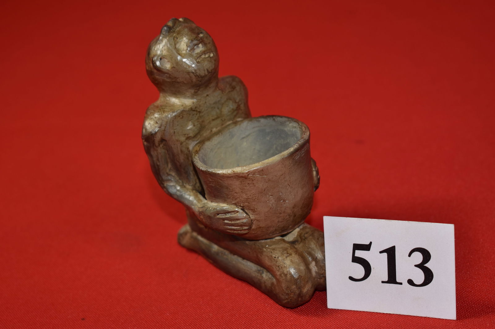 Kneeling Human Effigy with offering basket: Kneeling Human Effigy with offering basket – Ark., 4 3/8” x 1 7/8” Pipe Bowl