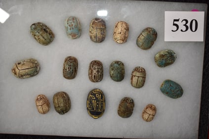 Frame of 17 Egyptian Carved Scarabs