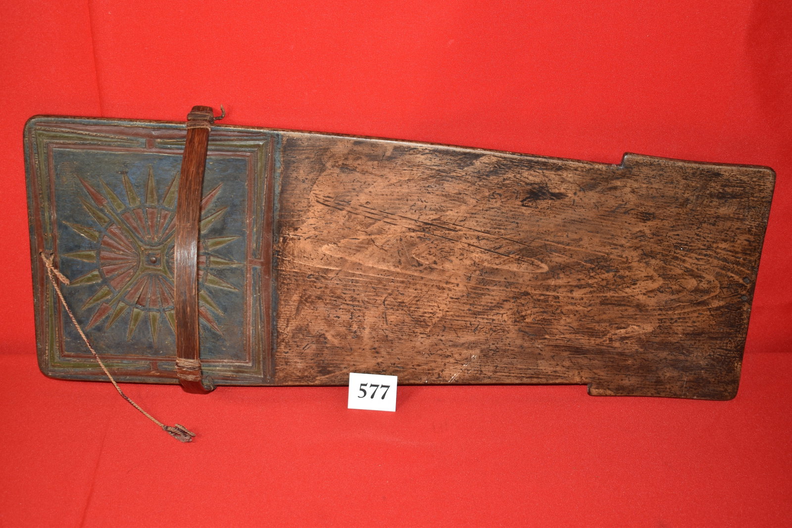 Northeast Carved & Painted Cradle Board: Northeast Carved & Painted Cradle Board – repair to bent wood crib and cover