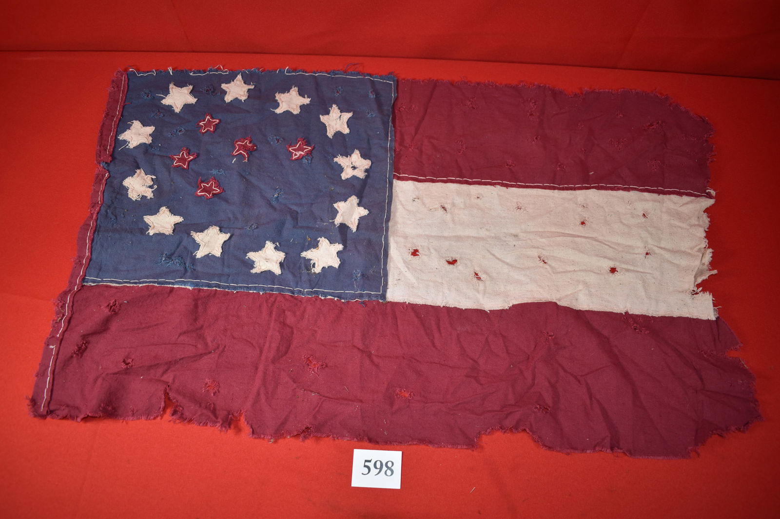 Hand Sewn Confederate Reunion Flag: Hand Sewn Confederate Reunion Flag – First National – with 4 red stars in middle 32” x 19”