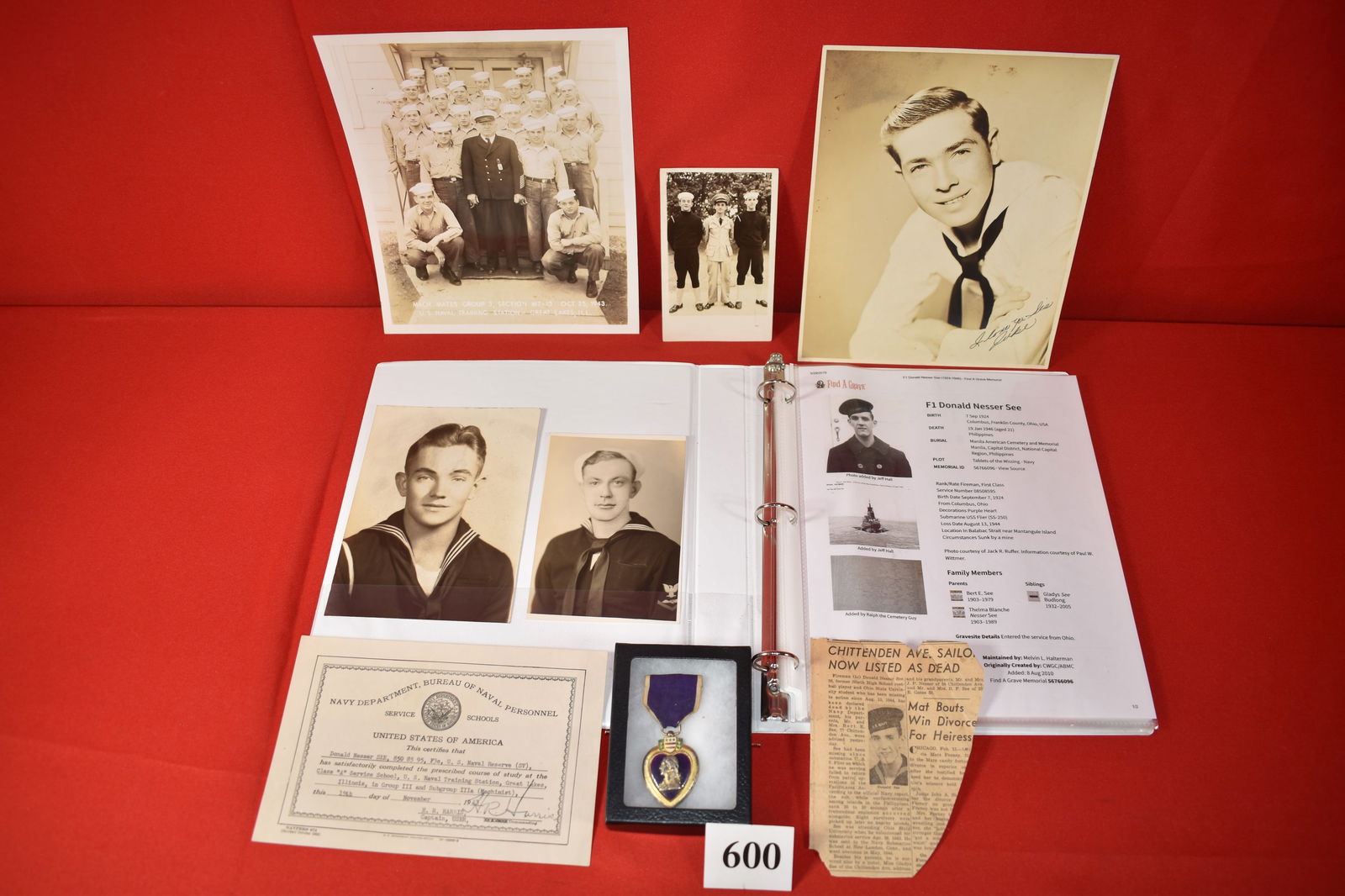 Purple Heart named to Donald N. See: Purple Heart named to Donald N. See USNR FIC, with newspaper clipping and photo’s with signatures, Naval School Paper, nice lot of WWII History