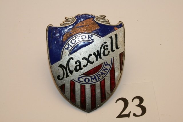 Maxwell enameled emblem: Maxwell enameled emblem, some enamel missing, 2/3/4” wide