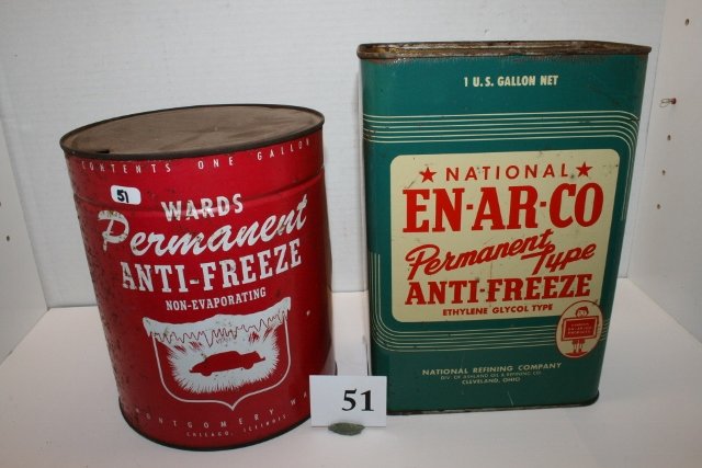 2 Anti-Freeze Cans: EN-AR-CO: 2 Anti-Freeze Cans: EN-AR-CO ( no top) 6 ½” x9 ¼” x 4” ; Ward’s Anti-Freeze ( bad dent) 6 ½” x 7 ½”